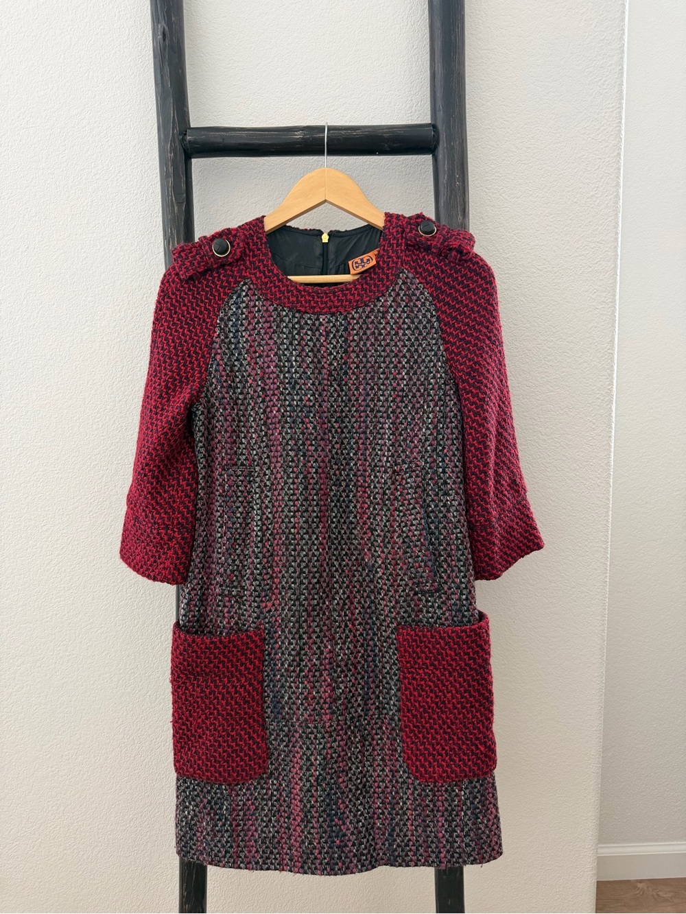 Tory Burch Burgundy and Gray Knit Pocket Midi Dress